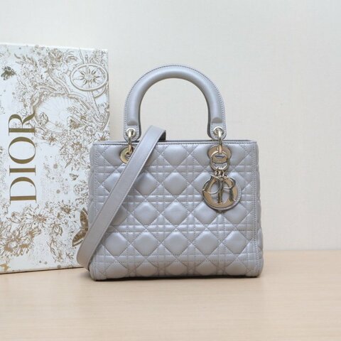 DIOR Lady戴妃包五格灰色羊皮淺金扣2017肩背包
