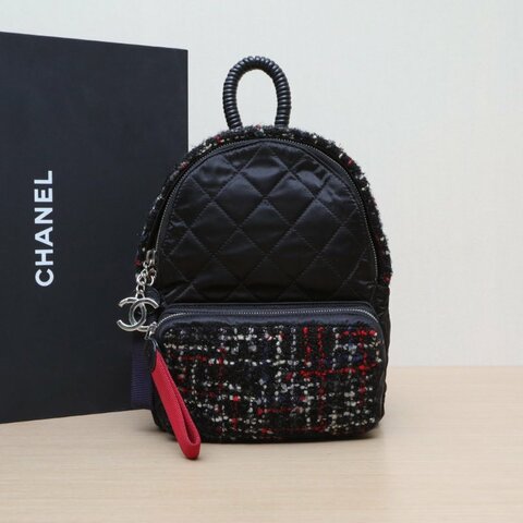 CHANEL 拼色毛呢24開銀扣雙肩包肩背包