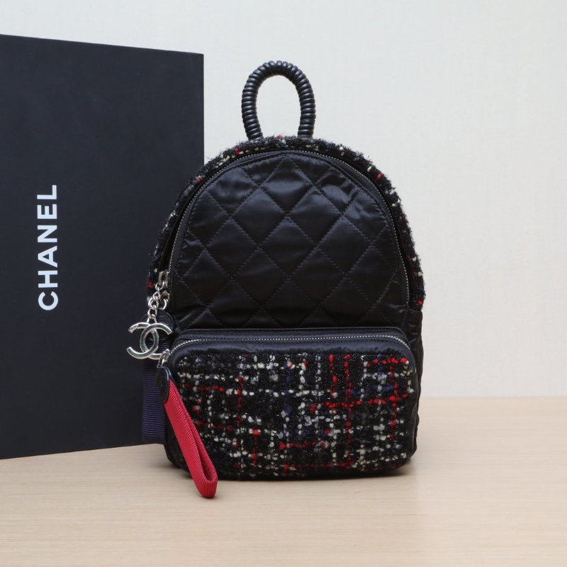 CHANEL 拼色毛呢24開銀扣雙肩包肩背包-0