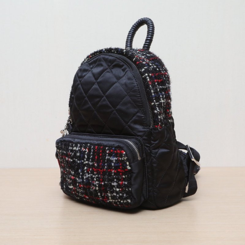 CHANEL 拼色毛呢24開銀扣雙肩包肩背包-4