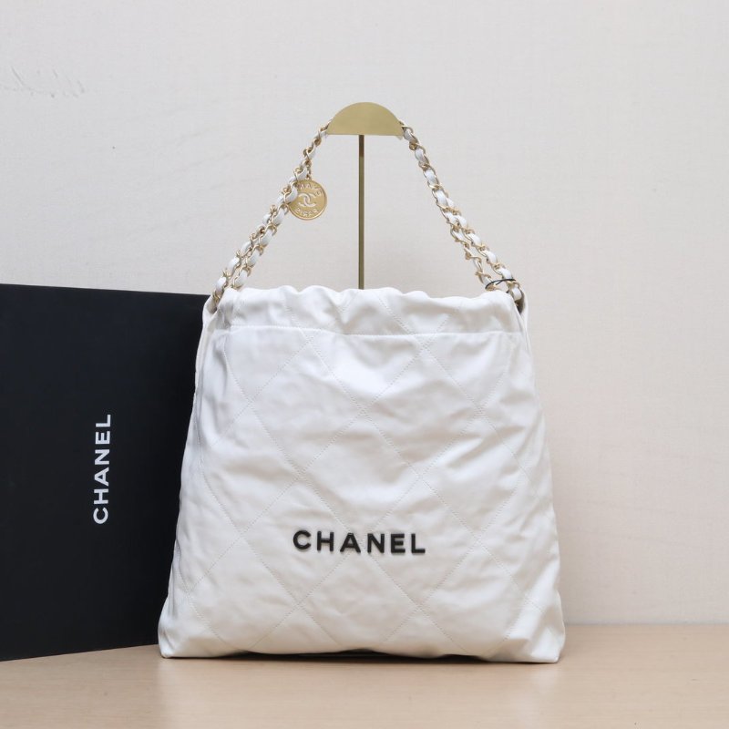 CHANEL 22BagTote托特包中號35白色牛皮晶片開黑扣肩背包-0