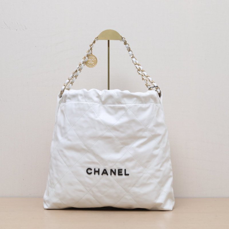 CHANEL 22BagTote托特包中號35白色牛皮晶片開黑扣肩背包-1
