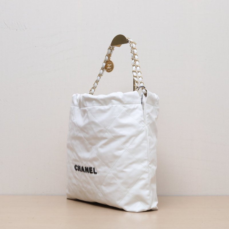 CHANEL 22BagTote托特包中號35白色牛皮晶片開黑扣肩背包-4