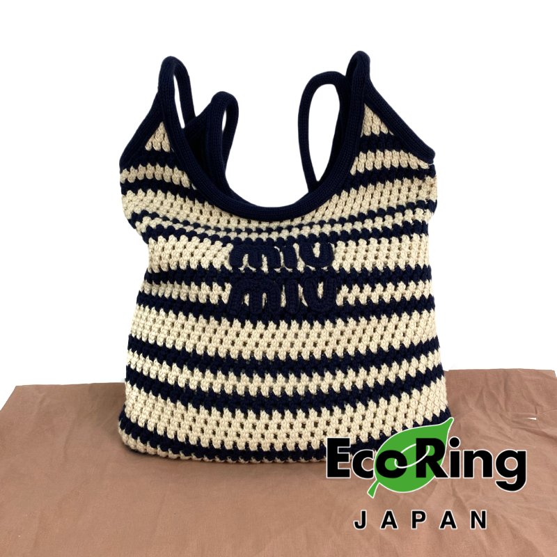△Miu Miu繆繆 Beige, Navy Crochet Tote Bag 米色, 深藍色鉤針編織托特袋 -257021528-0