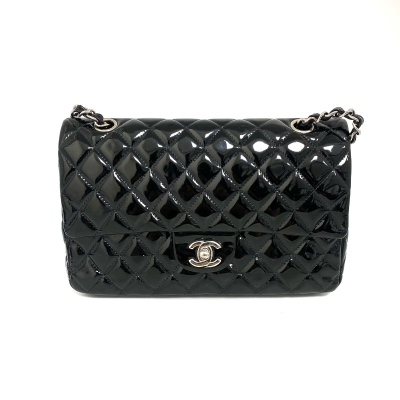 △ Chanel 香奈兒 CF25 Black Patent Leather Silver Tone Metal Double Flap Chain Shoulder Bag No.13 A01112 黑色漆皮銀色金屬鏈條肩背袋 No.13 A01112 -257022152-1