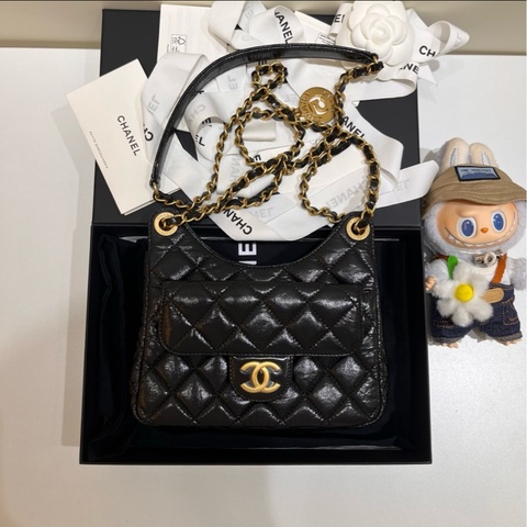 Chanel 23C黑金油蠟皮天貓精靈 小號 芯片款 附件塵袋