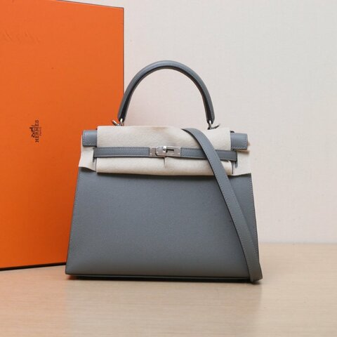 HERMES Kelly250L積雨雲灰MADAME皮W刻銀扣肩背包
