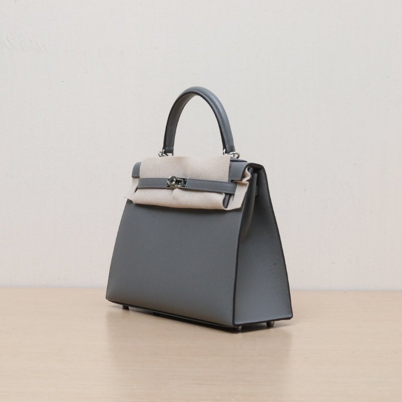 HERMES Kelly250L積雨雲灰MADAME皮W刻銀扣肩背包-4