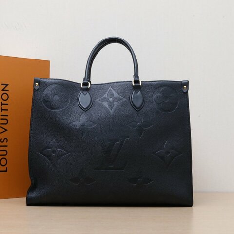 LOUIS VUITTON Onthego大號41黑色牛皮金扣晶片老花壓紋肩背包