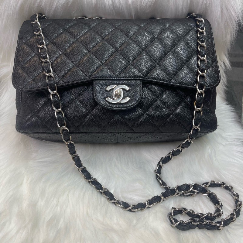 Chanel Classic Flap CF JUMBO黑色荔枝紋牛皮 銀色五金 單蓋 肩背包斜背包-0