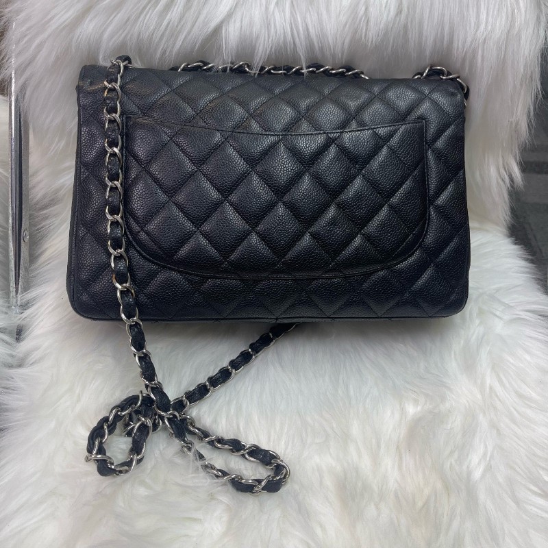 Chanel Classic Flap CF JUMBO黑色荔枝紋牛皮 銀色五金 單蓋 肩背包斜背包-1