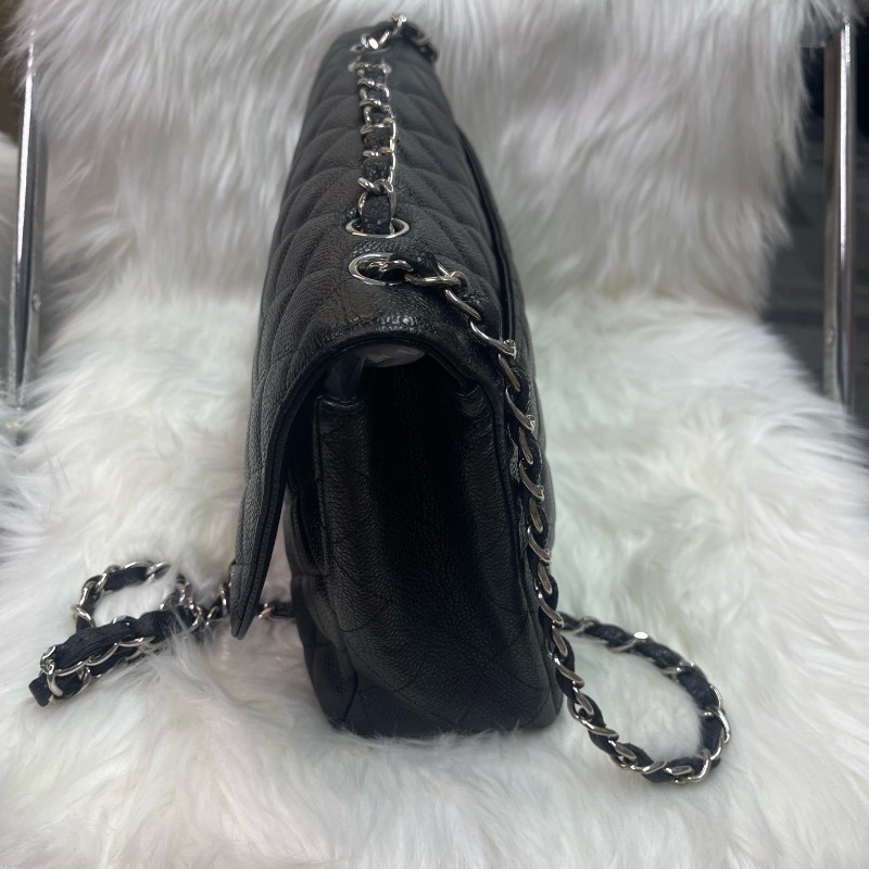 Chanel Classic Flap CF JUMBO黑色荔枝紋牛皮 銀色五金 單蓋 肩背包斜背包-2