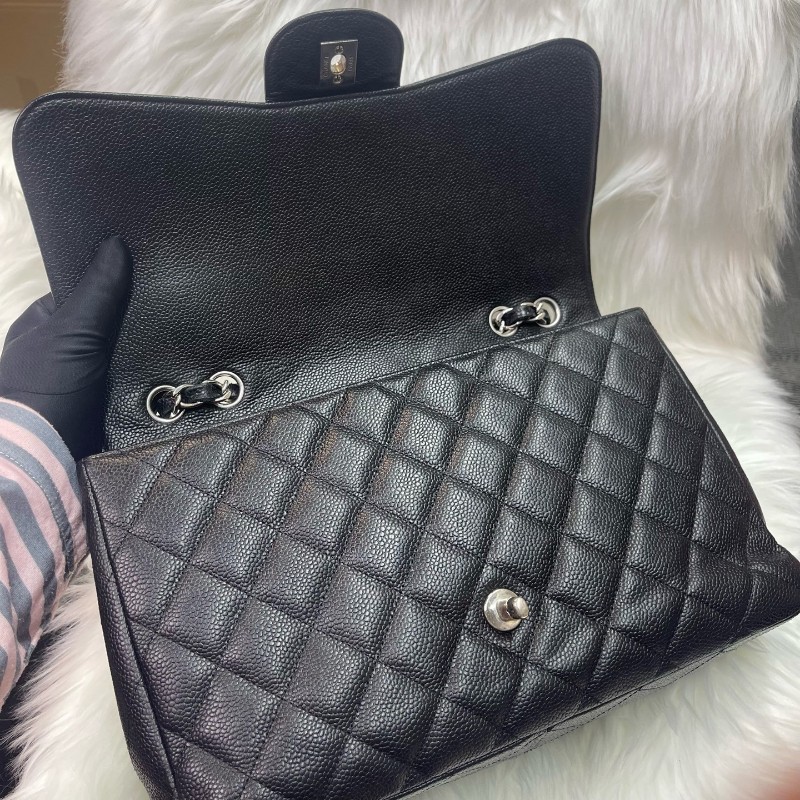 Chanel Classic Flap CF JUMBO黑色荔枝紋牛皮 銀色五金 單蓋 肩背包斜背包-6