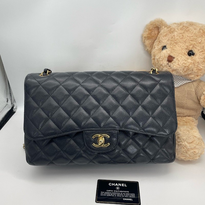 Chanel 香奈兒 CF JUMBO黑色荔枝紋牛皮 金扣 雙蓋 肩背包斜背包-0