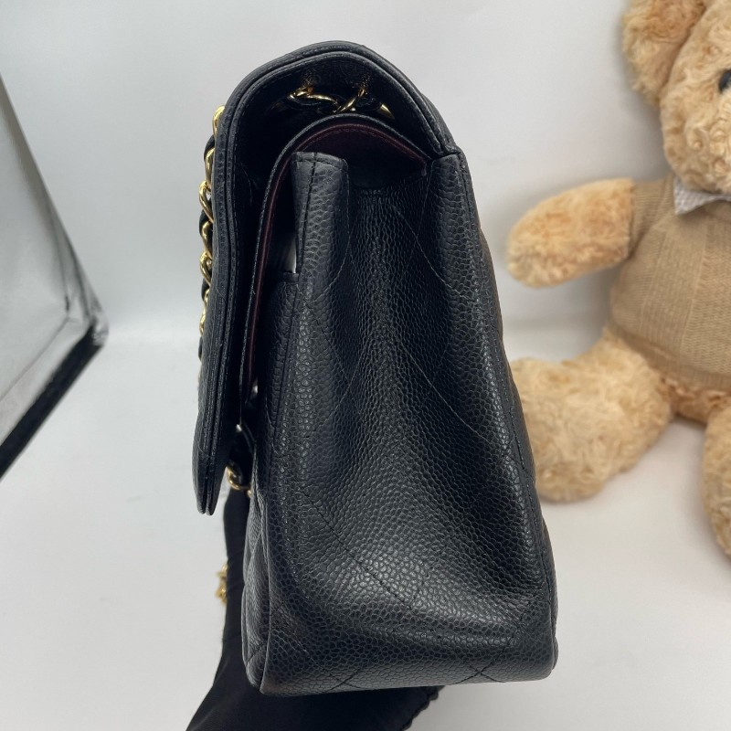 Chanel 香奈兒 CF JUMBO黑色荔枝紋牛皮 金扣 雙蓋 肩背包斜背包-4