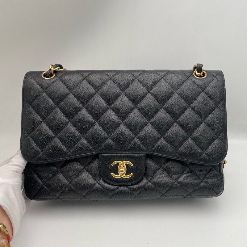 Chanel Classic Flap CF JUMBO黑色金扣 荔枝紋牛皮 雙蓋口蓋包 肩背包斜背包-0