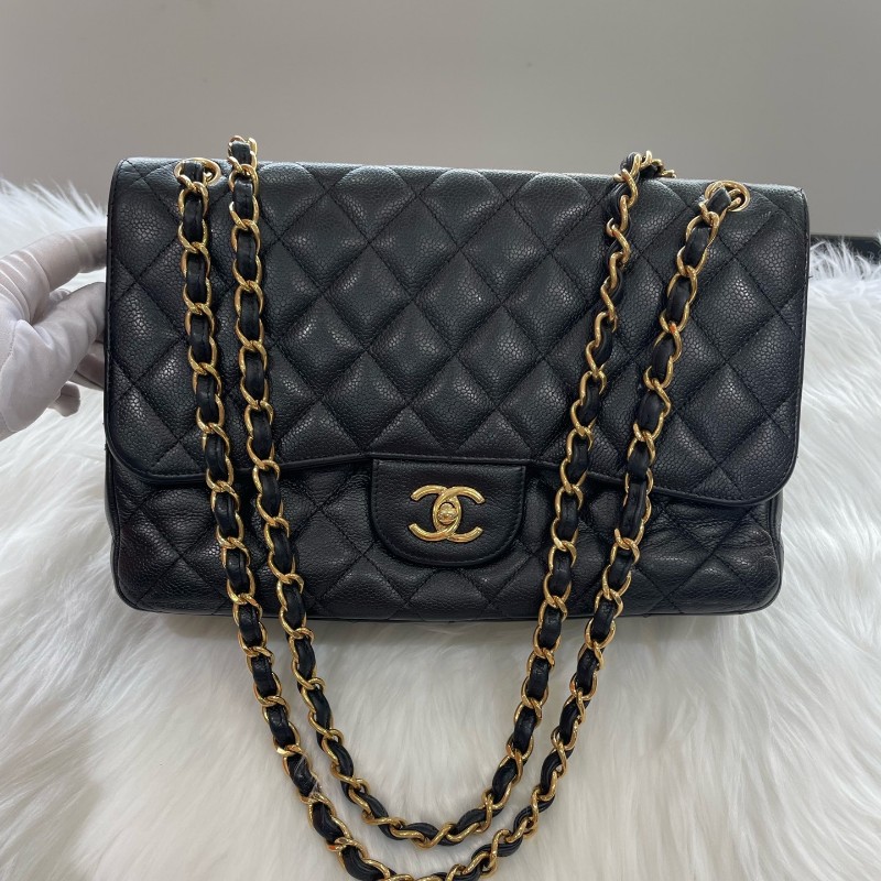 Chanel Classic Flap CF JUMBO黑色金扣 荔枝紋牛皮 雙蓋口蓋包 肩背包斜背包-1