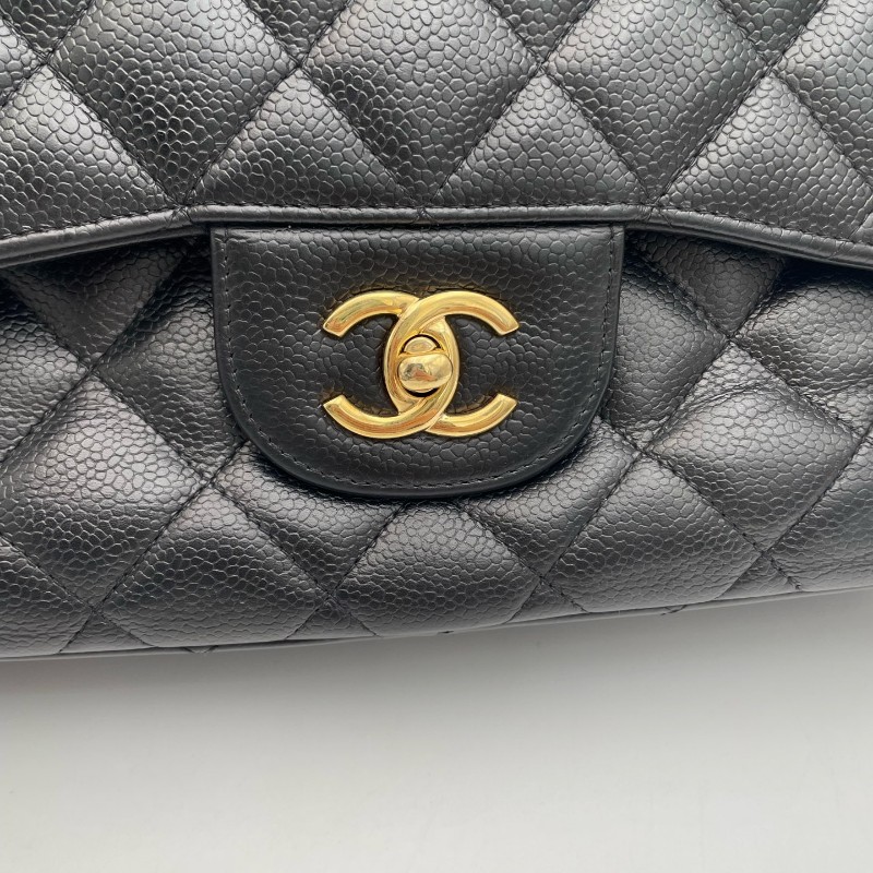 Chanel Classic Flap CF JUMBO黑色金扣 荔枝紋牛皮 雙蓋口蓋包 肩背包斜背包-13