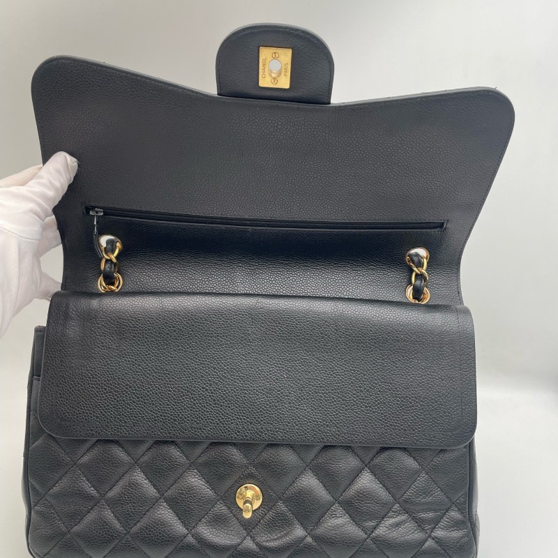 Chanel Classic Flap CF JUMBO黑色金扣 荔枝紋牛皮 雙蓋口蓋包 肩背包斜背包-16