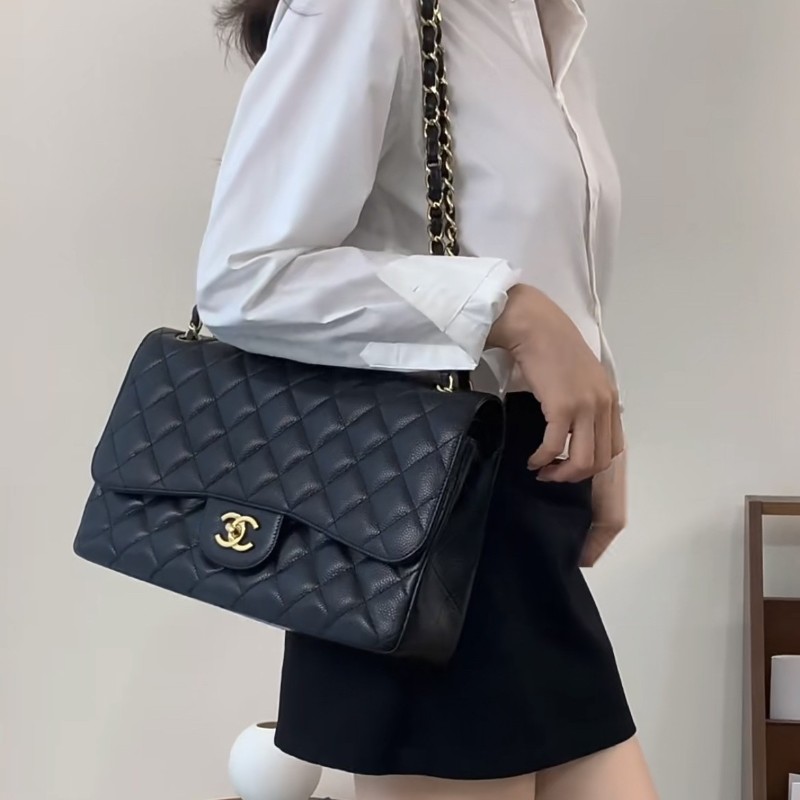 Chanel Classic Flap CF JUMBO黑色金扣 荔枝紋牛皮 雙蓋口蓋包 肩背包斜背包-25