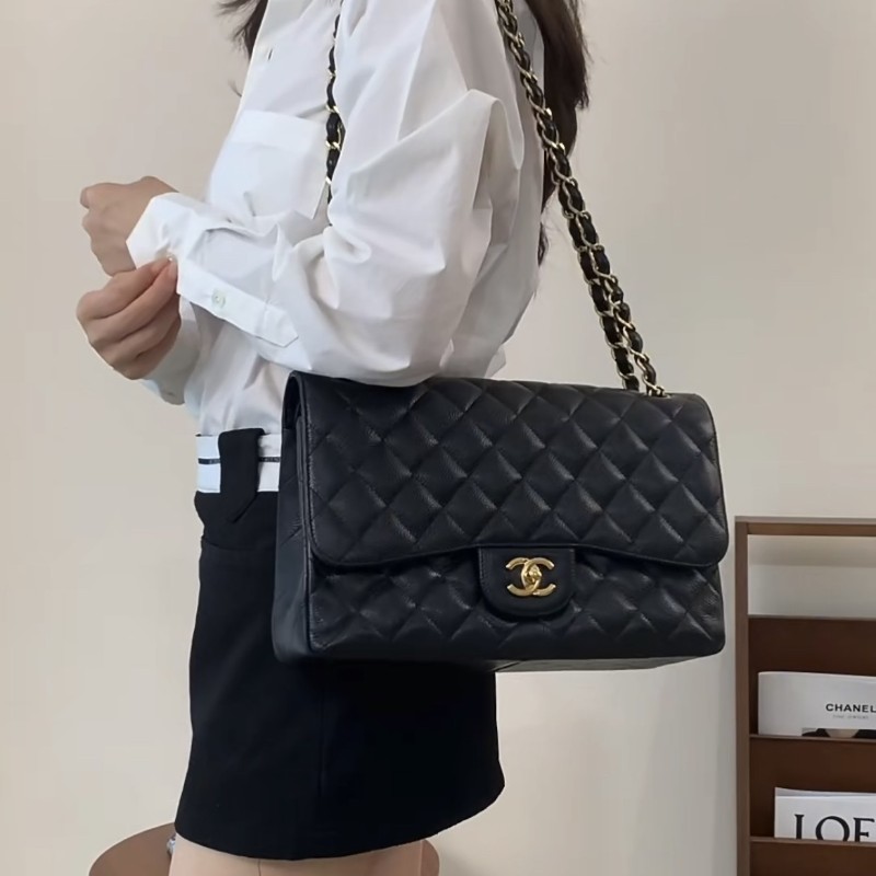 Chanel Classic Flap CF JUMBO黑色金扣 荔枝紋牛皮 雙蓋口蓋包 肩背包斜背包-26