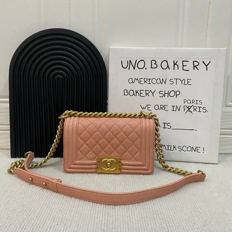 CHANEL LEBOY 粉色金扣 小號 荔枝牛皮 肩背包斜背包