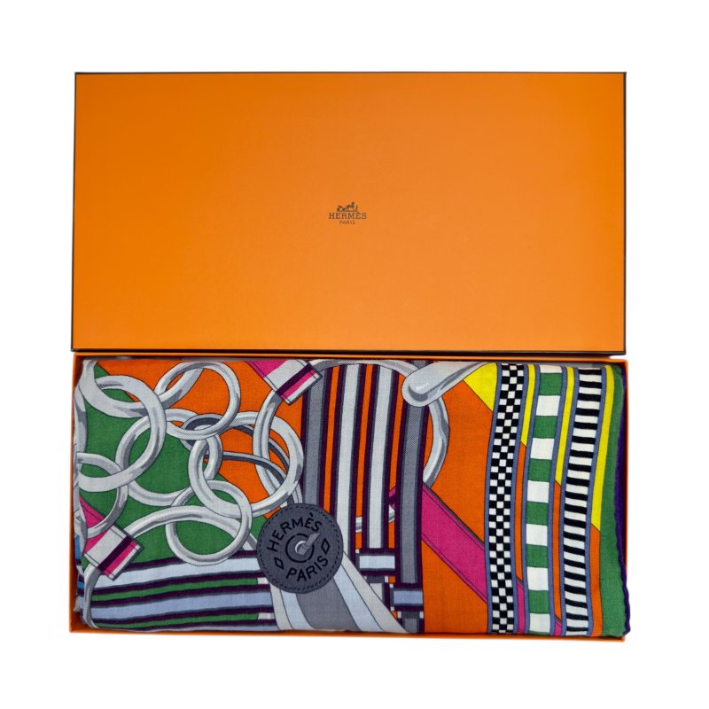 HERMES Brides et Gris-Gris shawl 140 羊絨 圍巾-9