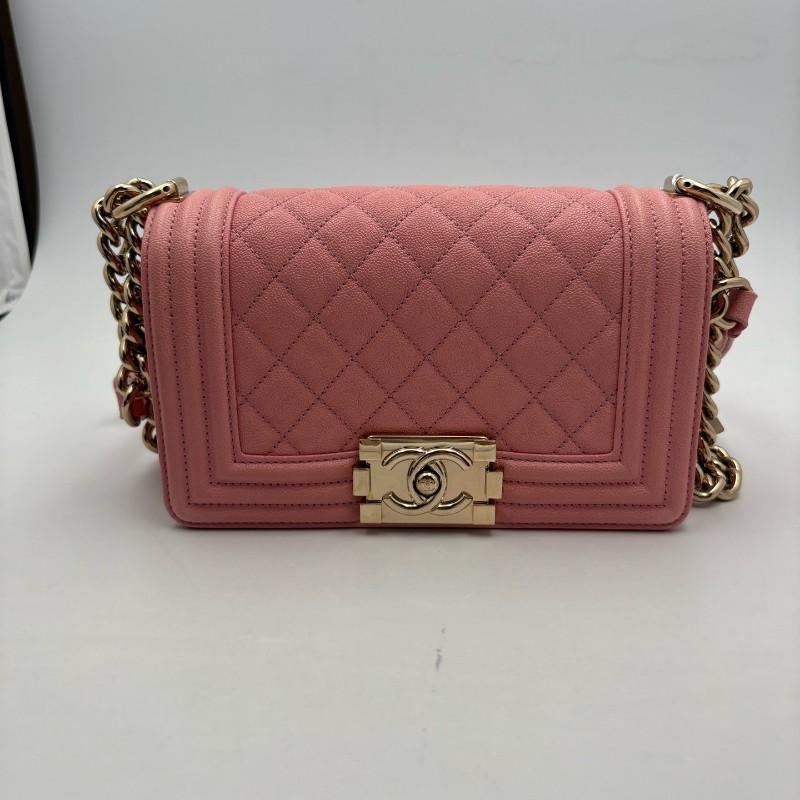 CHANEL LEBOY 粉色 淡金扣 小號 荔枝牛皮 肩背包斜背包-0