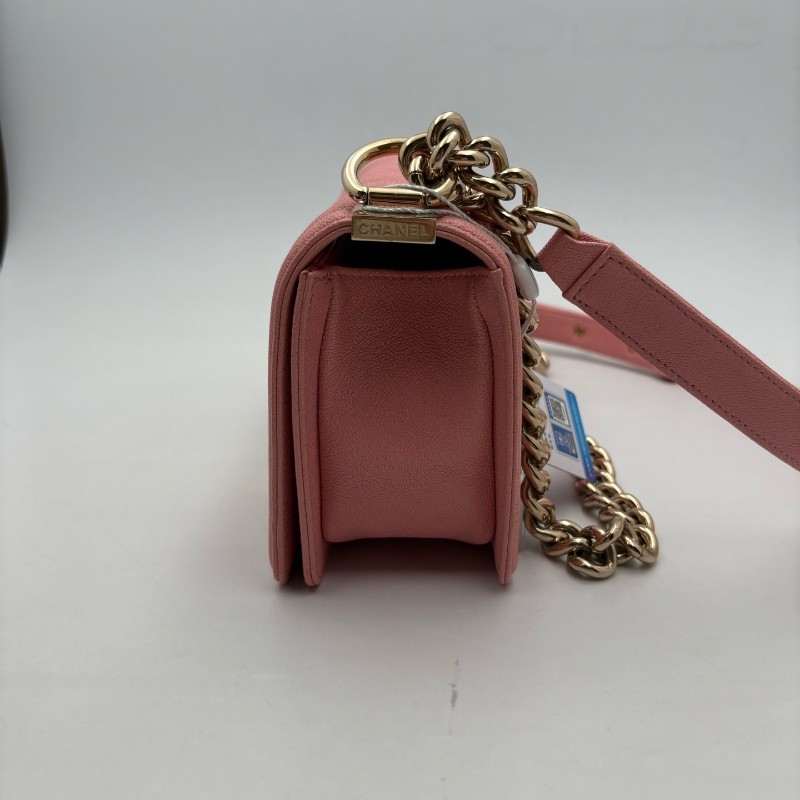 CHANEL LEBOY 粉色 淡金扣 小號 荔枝牛皮 肩背包斜背包-2