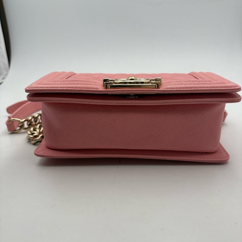 CHANEL LEBOY 粉色 淡金扣 小號 荔枝牛皮 肩背包斜背包-5