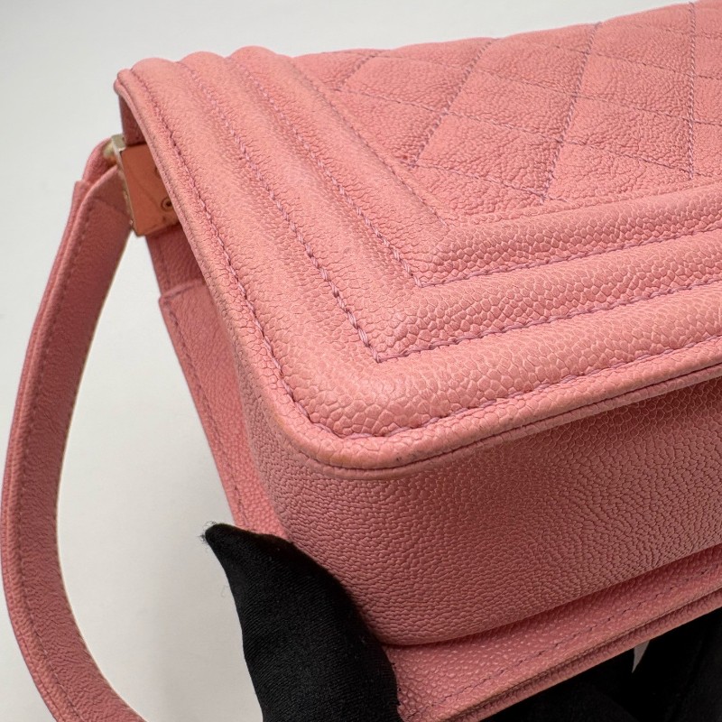CHANEL LEBOY 粉色 淡金扣 小號 荔枝牛皮 肩背包斜背包-9