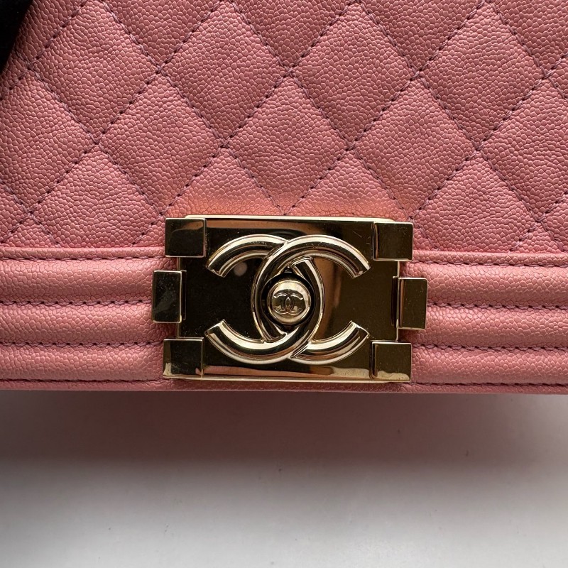 CHANEL LEBOY 粉色 淡金扣 小號 荔枝牛皮 肩背包斜背包-10