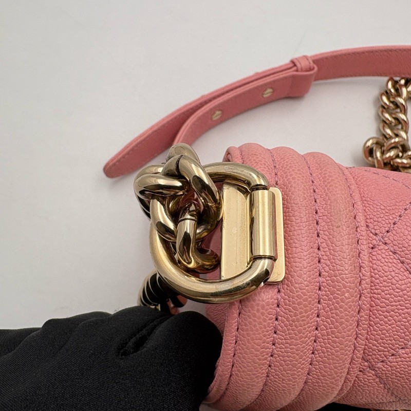 CHANEL LEBOY 粉色 淡金扣 小號 荔枝牛皮 肩背包斜背包-11