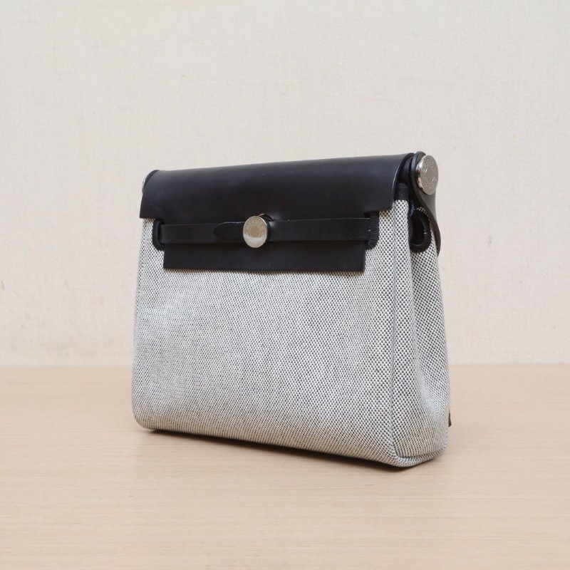 HERMES HerbagZip20帆布拼牛皮89黑色CrissViking編織帆布/Hunter牛皮K2025銀扣25肩背包-3