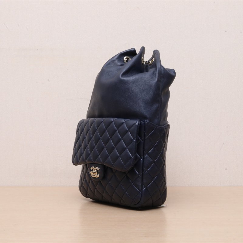 CHANEL 藍色羊皮21開金扣抽繩外側口蓋雙肩包肩背包-3