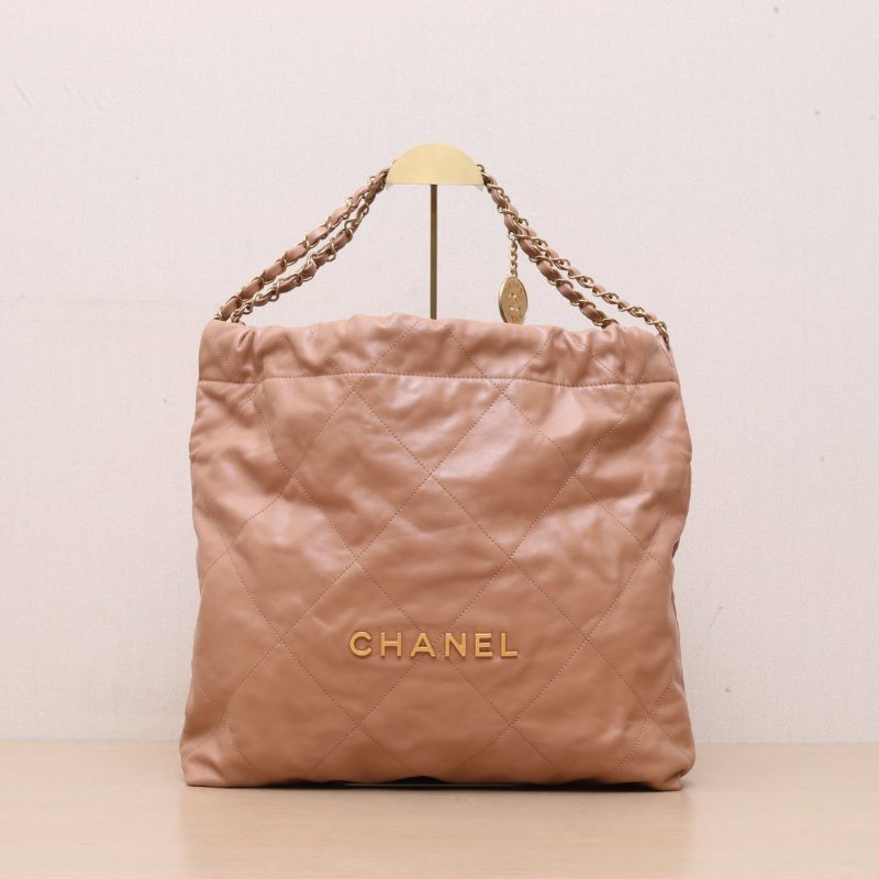 CHANEL 22BagTote托特包中號35奶茶色牛皮晶片開金扣肩背包-1
