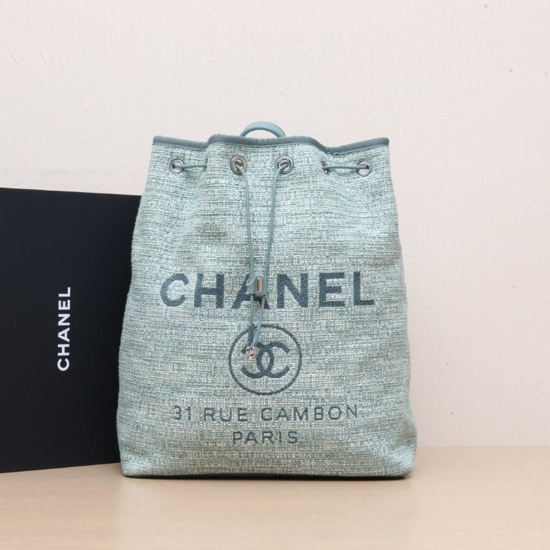 CHANEL 綠色毛呢25開銀扣沙灘系列水桶雙肩包肩背包-0