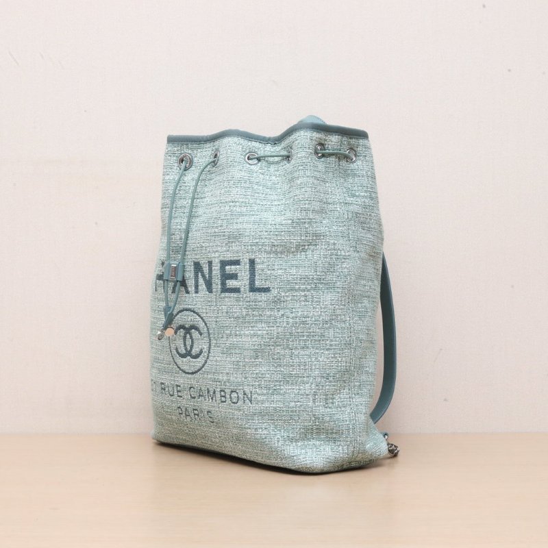 CHANEL 綠色毛呢25開銀扣沙灘系列水桶雙肩包肩背包-3