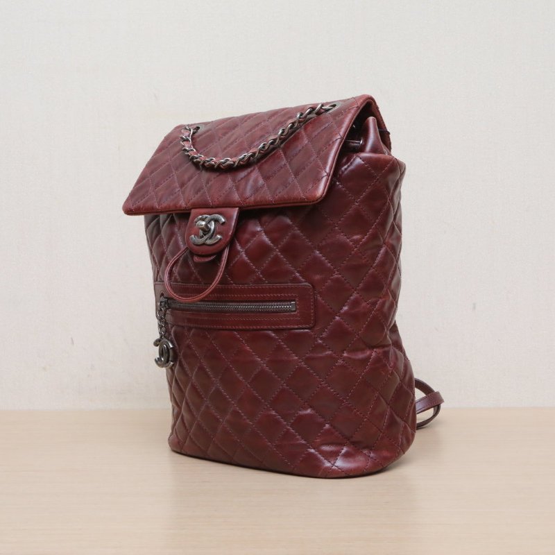 CHANEL 酒紅色油蠟皮油蠟皮23開銀扣薩爾茨堡雙肩包前拉鏈口袋肩背包-4