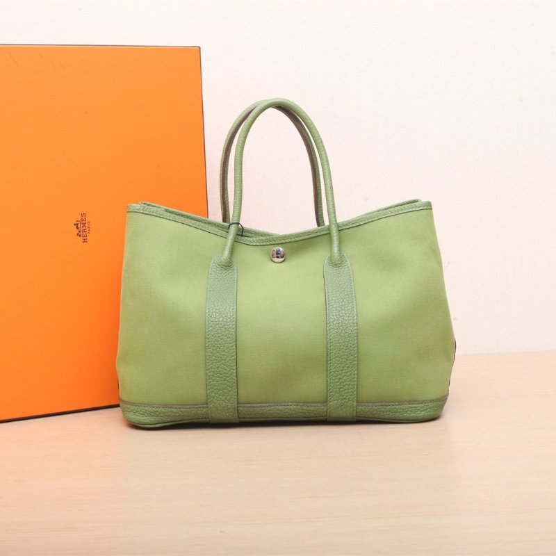 HERMES GardenParty花園包306G草坪綠NEGONA皮/帆布框Q銀扣肩背包-0