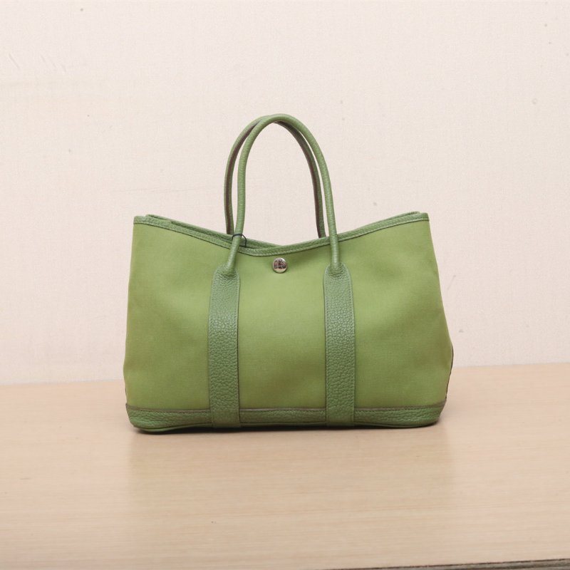 HERMES GardenParty花園包306G草坪綠NEGONA皮/帆布框Q銀扣肩背包-1