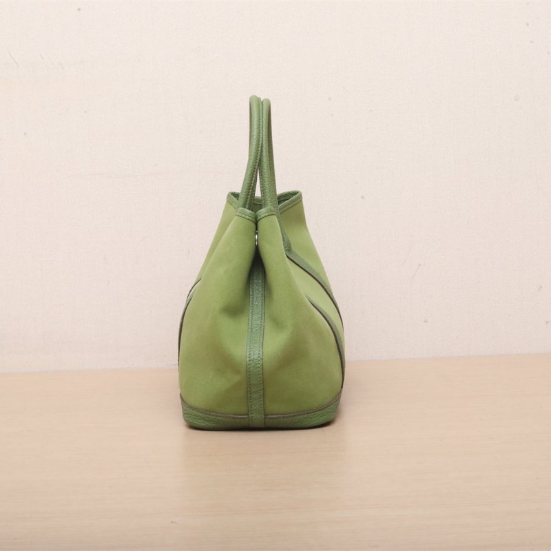 HERMES GardenParty花園包306G草坪綠NEGONA皮/帆布框Q銀扣肩背包-3
