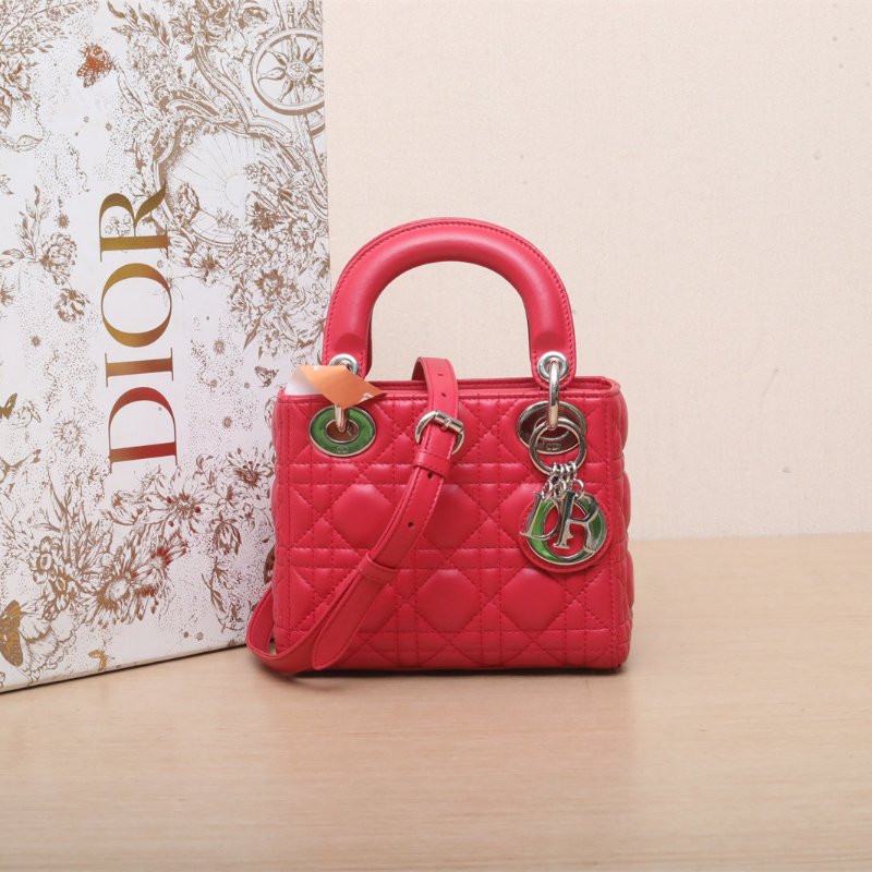 DIOR Lady戴妃包三格玫紅羊皮銀扣2013肩背包-0