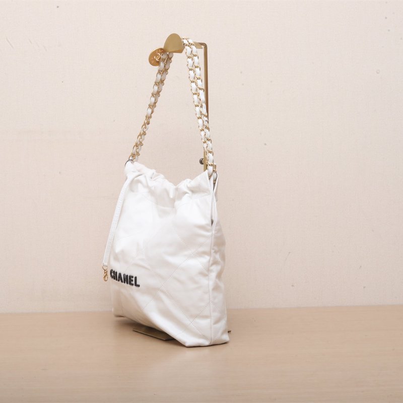 CHANEL 22BagTote托特包小號30白色牛皮晶片開黑扣肩背包-4