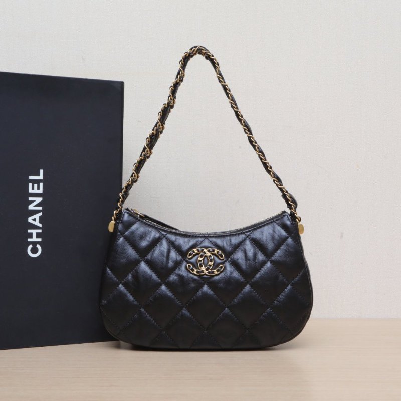 CHANEL 23K19Bag皮穿鏈Hobo腋下包中號黑色牛皮晶片開金扣肩背包-0