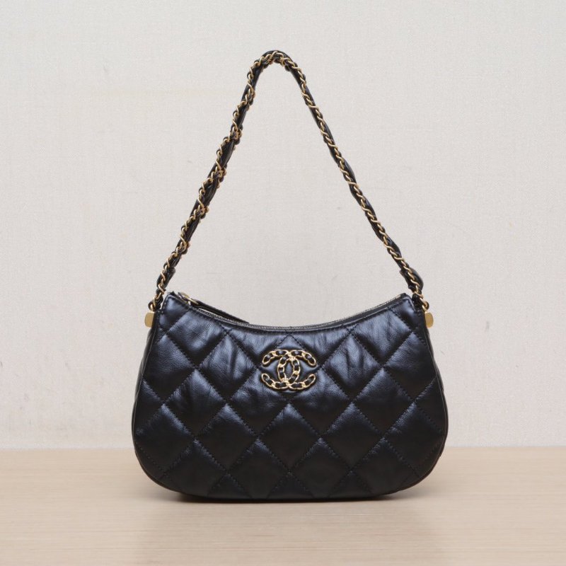 CHANEL 23K19Bag皮穿鏈Hobo腋下包中號黑色牛皮晶片開金扣肩背包-1