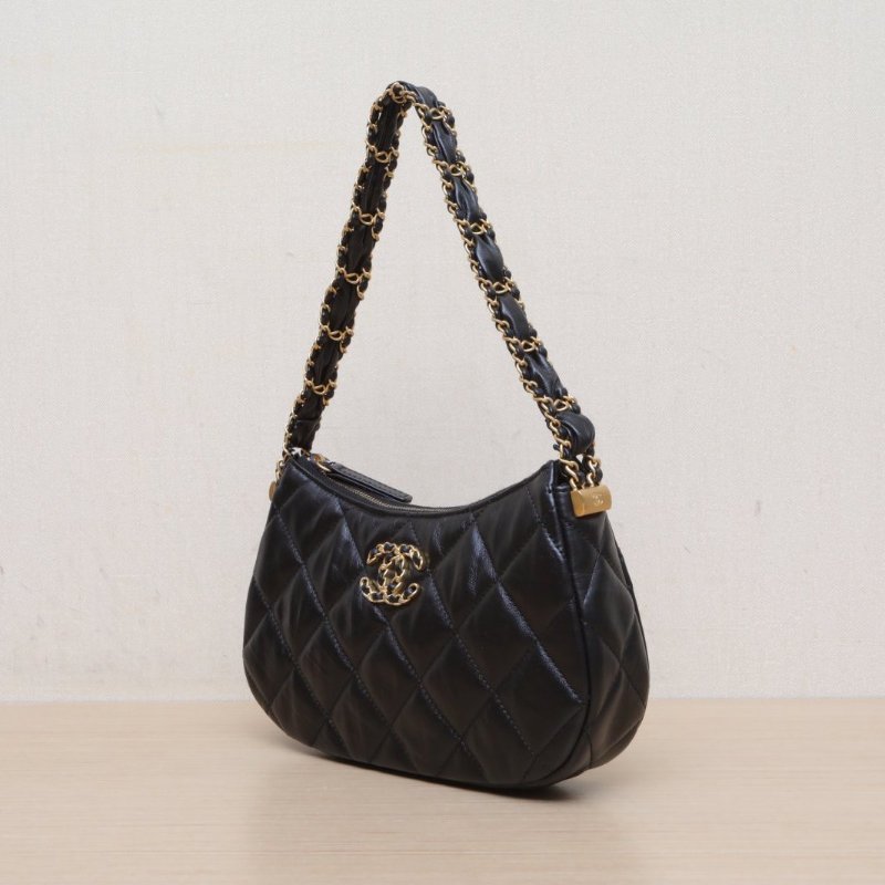 CHANEL 23K19Bag皮穿鏈Hobo腋下包中號黑色牛皮晶片開金扣肩背包-3