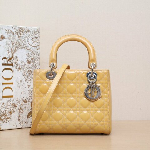 DIOR Lady戴妃包五格黃色漆皮銀扣2012肩背包