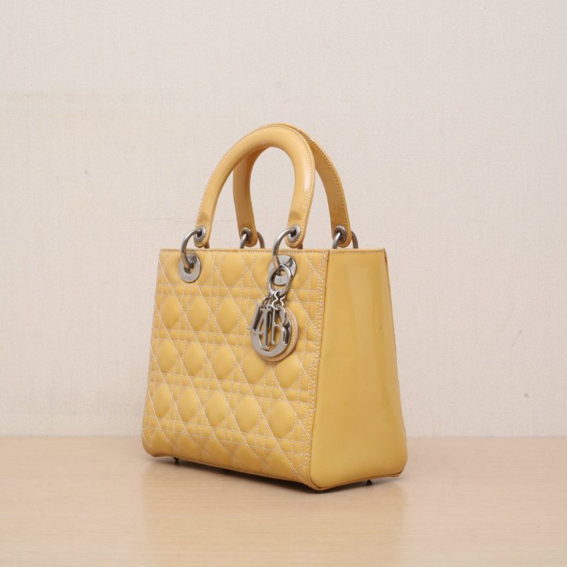 DIOR Lady戴妃包五格黃色漆皮銀扣2012肩背包-4
