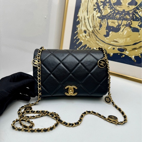 【閒置❤️】 Chanel 24S黑色金幣鏈條肩帶woc包包 斜挎包 金幣山茶花口蓋包